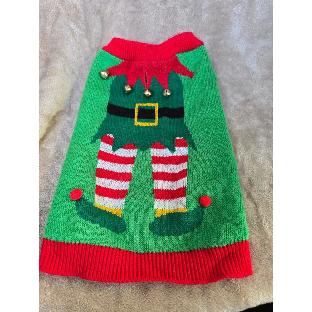 Pet Holiday Collection Elf Dog Sweater Green Red Christmas Jingle Bells Medium